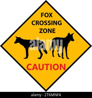 Cartello giallo: Attenzione Fox Crossing zone. Guidare lentamente per la sicurezza degli animali. Cartello "Common on Road". Illustrazione vettoriale su sfondo bianco. Illustrazione Vettoriale