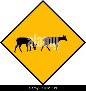 Cartello giallo: Zona di attraversamento dei cervi. Guidare lentamente per fare attenzione al cartello di passaggio degli animali selvatici. vettore Illustrazione Vettoriale