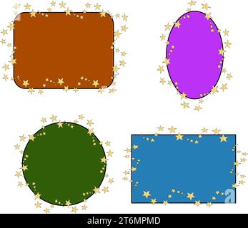 stelle dorate e cerchio colore, quadrato e rettangolo, cornici ovali. illustrazione vettoriale. su sfondo bianco. Modello o modello per la progettazione. Illustrazione Vettoriale