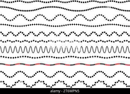Motivo ondulato con linee diverse. stelle, cerchi, triangoli. Set di motivi geometrici astratti semplici minimalistici senza cuciture. utilizzo come tessuto, stampa design. Illustrazione Vettoriale
