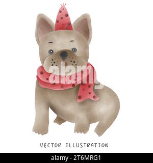 Grazioso Bulldog francese in stile natalizio occidentale Illustrazione Vettoriale