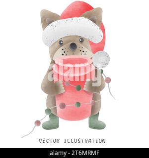 Grazioso Bulldog francese in stile natalizio occidentale Illustrazione Vettoriale