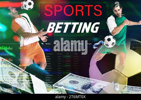 Scommesse sportive. Esposizione multipla con giocatori di calcio, denaro, pallone da calcio e pagina del sito Web Foto Stock