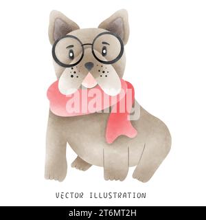 Grazioso Bulldog francese in stile natalizio occidentale Illustrazione Vettoriale