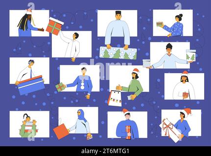 Festa di Natale online. Evento virtuale natalizio. Festeggiate il nuovo anno e regalatevi un regalo videophoning a vicenda. Illustrazione vettoriale. Illustrazione Vettoriale