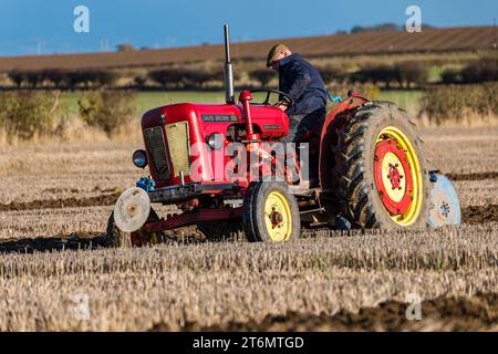 East Lothian, Scozia, Regno Unito, 11 novembre 2023. Partita dell'Associazione aratura East Lothian: L'evento annuale si svolge quest'anno presso l'East Fenton Farm, con i partecipanti a una varietà di trattori d'epoca che arano la loro zona di solchi giudicati in base a una varietà di fattori, tra cui rettilineità, regolarità, profondità e paglia limpida in una fredda giornata di sole. Crediti: Sally Anderson/Alamy Live News Foto Stock