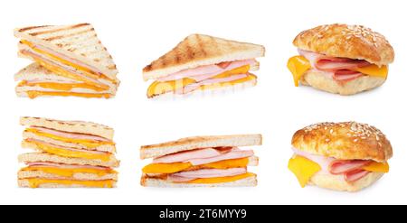 Deliziosi sandwich con prosciutto e formaggio isolati sul bianco, raccolta Foto Stock