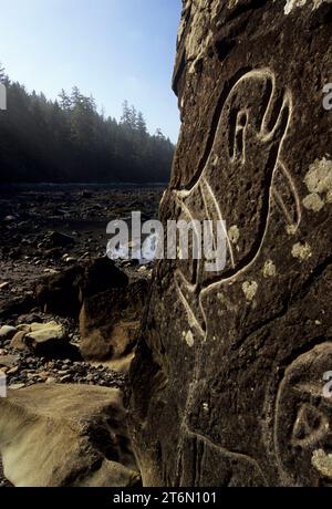 Incisioni rupestri ad un matrimonio Rock, il Parco Nazionale di Olympic, Washington Foto Stock