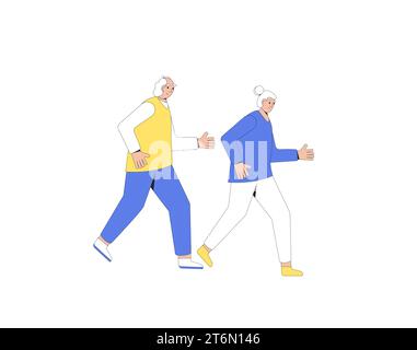 Il vecchio uomo che corre isolato su sfondo bianco. Partecipazione a gare sportive, gare atletiche. Maratona, esercizio. Jogger. Illustrazione vettoriale. Illustrazione Vettoriale