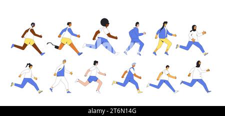 La gente che corre ha impostato isolato su sfondo bianco. Corridori diversi, atleti, personaggi sportivi. Partecipazione a gare sportive, gare atletiche Illustrazione Vettoriale