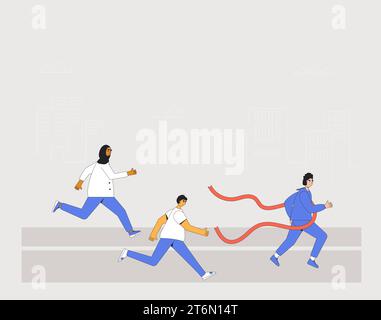 Gestire le persone. Diversi corridori, atleti, personaggi sportivi. Partecipazione diversificata a gare sportive e atletiche. Maratona, esercizio. Jog Illustrazione Vettoriale