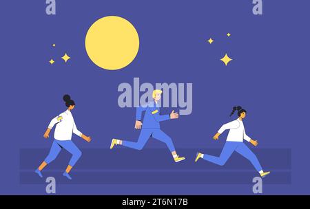 Gente che corre di notte. Corridori diversi, atleti, personaggi sportivi. Partecipazione a gare sportive, gare atletiche. Maratona, esercizio. Jo Illustrazione Vettoriale