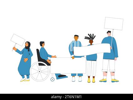 Gruppo di persone con uno striscione. Squadra con un cartello vuoto in piedi. Illustrazioni con illustrazioni di illustrazioni di illustrazioni di linee di caratteri vettoriali isolate su sfondo bianco. Illustrazione Vettoriale