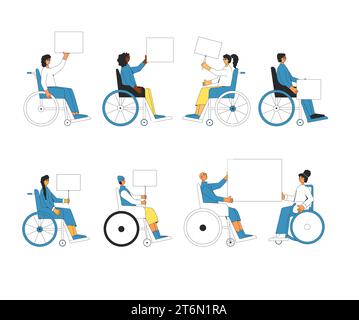 Uomini e donne in sedia a rotelle con striscioni. Persone con disabilità con un cartello vuoto. I caratteri vettoriali impostano l'illustrazione della grafica in linea isolata su bianco Illustrazione Vettoriale