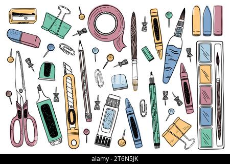 Cancelleria disegnata a mano. Matita e penna, pennello scolastico per schizzi, strumenti d'arte vintage, attrezzature calligrafiche. Nastro adesivo e forbici o evidenziatore ma Illustrazione Vettoriale