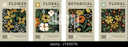 Poster floreali. Fiori astratti arte moderna, sfondo del mercato botanico retrò, stampa vintage matisse. wal primavera/estate contemporanea con motivi floreali disegnati a mano Illustrazione Vettoriale