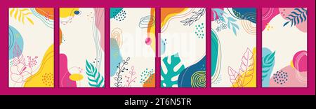 Sfondo estivo. Modelli di social media tropicali astratti, post moderno e alla moda con arte floreale. Design del telaio per doodle disegnato a mano. Banner Web verticale. Illustrazione Vettoriale