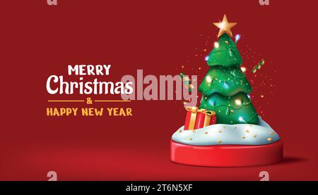 Albero di Natale. banner natalizio 3d, sfondo di capodanno, biglietto di auguri con decorazione rossa. Abete con giocattoli, scatola regalo e neve sul podio. Vettore Illustrazione Vettoriale