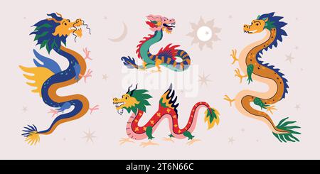 Carini draghi. Arte astrologica giapponese, antichi personaggi orientali, tatuaggio della moda animale della cina. Simbolo del Capodanno cinese tradizionale, celebrazione del 2024 Illustrazione Vettoriale