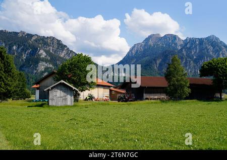 Castello medievale di Neuschwanstein su un'aspra collina nelle Alpi bavaresi sopra il villaggio di Hohenschwangau vicino a Fuessen, nel sud-ovest della Baviera, in Germania Foto Stock