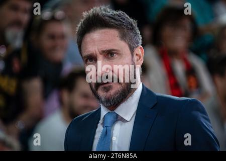 L'allenatore di Asvel Gianmarco Pozzecco reagisce durante il giorno 7 della Turkish Airlines Euroleague Basketball durante la vittoria del Principato di Monaco del 80-70 contro l'Asvel a Monaco, il 10 novembre 2023. Foto di Laurent Coust/ABACAPRESS.COM. Foto Stock