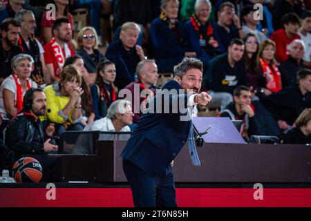 L'allenatore di Asvel Gianmarco Pozzecco reagisce durante il giorno 7 della Turkish Airlines Euroleague Basketball durante la vittoria del Principato di Monaco del 80-70 contro l'Asvel a Monaco, il 10 novembre 2023. Foto di Laurent Coust/ABACAPRESS.COM. Foto Stock