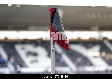 I papaveri sono visti su una bandiera d'angolo prima della partita della Sky Bet League One a Pride Park, Derby. Data immagine: Sabato 11 novembre 2023. Foto Stock