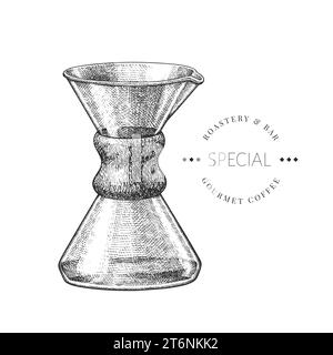 Illustrazione della macchina per caffè alternativa. Caffettiera Vector in vetro isolata disegnata a mano. Macchina per caffè con filtro vintage Illustrazione Vettoriale