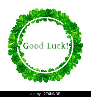 Timbro, etichetta con shamrock verde acquerello e buona fortuna per illustrazioni di design di primavera, San Patrizio, erba verde, verde estivo. Foto Stock