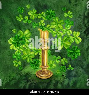 shamrock verde acquerello e candelabro dorato per St. Patrick's Day, magia, tesoro. Illustrazione su sfondo scuro Foto Stock