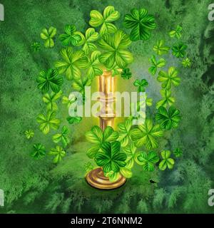 shamrock verde acquerello e candelabro dorato per St. Patrick's Day, magia, tesoro. Illustrazione su sfondo scuro Foto Stock