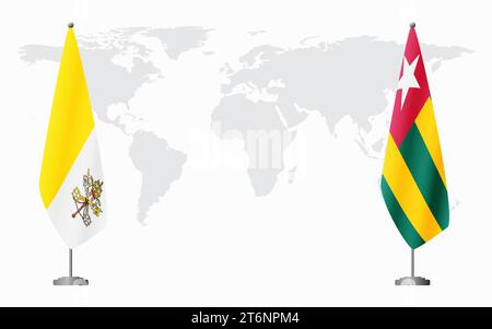 Bandiere del Vaticano e del Togo per l'incontro ufficiale sullo sfondo della mappa mondiale. Illustrazione Vettoriale