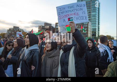 London, UK.11 novembre 2023. I manifestanti detengono cartelli e bandiere palestinesi mentre partecipano alla "marcia nazionale per la Palestina” nel centro di Londra, chiedendo un cessate il fuoco nel conflitto tra Israele e Hamas. Grandi folle hanno marciato attraverso la capitale britannica, mentre i sostenitori filo-palestinesi chiedono un cessate il fuoco, con la polizia fuori in vigore per prevenire gli scontri con i contro-manifestanti. Claire Doherty/Alamy Live News Foto Stock