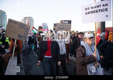 London, UK.11 novembre 2023. I manifestanti detengono cartelli e bandiere palestinesi mentre partecipano alla "marcia nazionale per la Palestina” nel centro di Londra, chiedendo un cessate il fuoco nel conflitto tra Israele e Hamas. Grandi folle hanno marciato attraverso la capitale britannica, mentre i sostenitori filo-palestinesi chiedono un cessate il fuoco, con la polizia fuori in vigore per prevenire gli scontri con i contro-manifestanti. Claire Doherty/Alamy Live News Foto Stock