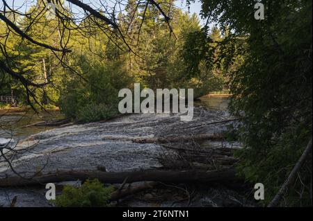 Vista laterale delle basse cascate di Tahquamenon, che mostrano rapide ruggenti Foto Stock