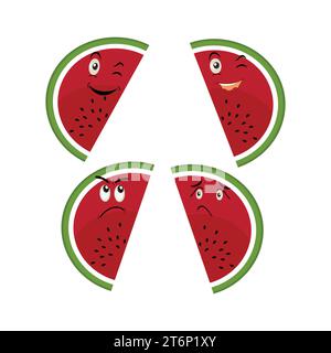 Cartoni animati di anguria, illustrazione vettoriale di frutta fresca, con volti ed espressioni diverse. Vettore comico di anguria Illustrazione Vettoriale