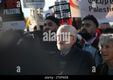 Londra, Regno Unito. 11/novembre/2023 marzo per la Palestina nel giorno dell'armistizio a Londra si svolge una quarta grande marcia per la Palestina, a Londra. La marcia inizia a Hyde Park prima di attraversare il Tamigi fino a Vauxhall, terminando con un raduno, vicino all'ambasciata americana. La marcia è stata fonte di polemiche durante la settimana a seguito dei commenti del segretario di Stato sulla polizia. L'ex leader del partito laburista Jeremy Corbyn è stato tra coloro che hanno guidato la marcia. Credito: Roland Ravenhill/Alamy. Foto Stock