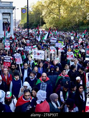 Una vista della marcia di protesta appena fuori Victoria, si vedono le persone sventolare bandiere e tenere striscioni. Immagine: Rupert Allen/Pathos Foto Stock