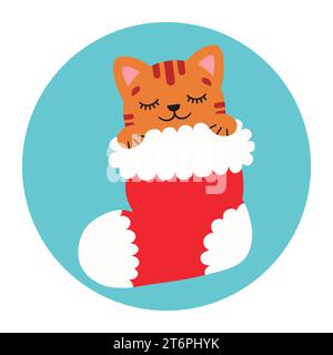 Gatto carino in calza di Natale. Buone feste. Animale invernale. Illustrazione vettoriale Illustrazione Vettoriale