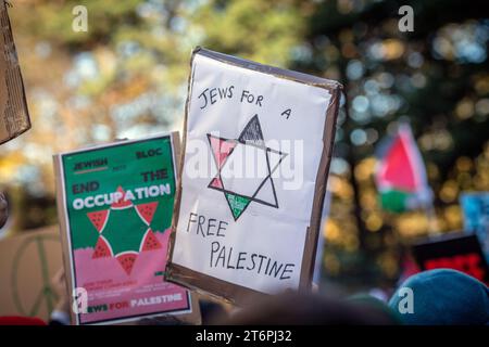 11 novembre 2023. Londra, UK.gli ebrei per la Palestina libera marciano pacificamente da Hyde Parkto all'Ambasciata degli Stati Uniti a Nine Elms il giorno dell'armistizio chiedendo un immediato cessate il fuoco in Medio Oriente, dove migliaia di civili innocenti, tra cui molti bambini, sono morti sia nell'attacco di Hamas contro Israele che in attacchi aerei estremamente punitivi che hanno devastato vaste aree di Gaza.Credit Image: © Horst Friedrichs Foto Stock