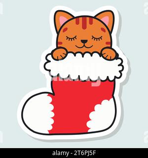 Gatto carino in calza di Natale. Buone feste. Animale invernale. Illustrazione vettoriale Illustrazione Vettoriale