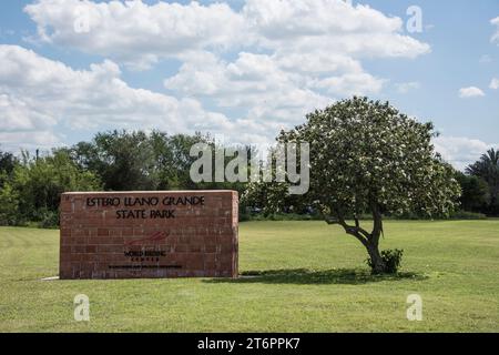 Ingresso e cartello in mattoni per il parco statale estero Llano grande, weslaco, texas, usa Foto Stock