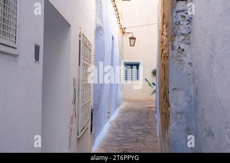 Strade strette e romantiche tra le case della città vecchia di Medina Hammamet, Tunisia Foto Stock