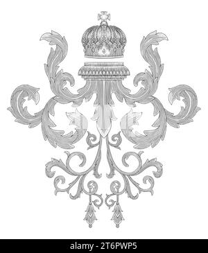 Corona con ornamento floreale, incisione vintage in stile disegno Illustrazione Vettoriale