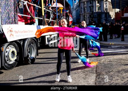 REGNO Unito, Londra 11 novembre 2023: Diversi gruppi di partecipanti assistono alla processione per celebrare il nuovo Lord Mayor di Londra dell'anno. Il Lord Mayor's Show è una tradizione di tre miglia di sfilata nella città di Londra per celebrare e accogliere il nuovo Lord Mayor dell'anno della città. Quest'anno, lo sfarzo è guidato dal 695° Lord Mayor, il professor Michael Mainelli. Credito: Hesther ng / Story Picture Agency (foto di Hesther ng / Story Picture Agency/Sipa USA) Foto Stock