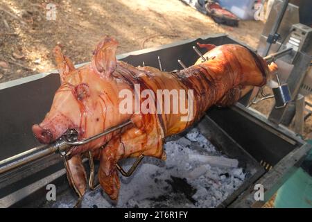 Cuocere arrostito su un lechon rotante Foto Stock