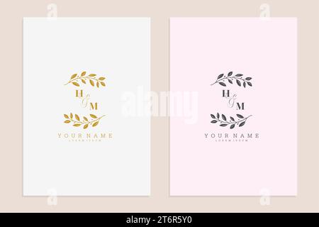 Le iniziali HM si sposano con un moderno motivo floreale a mano dal design vettoriale di alta qualità Illustrazione Vettoriale