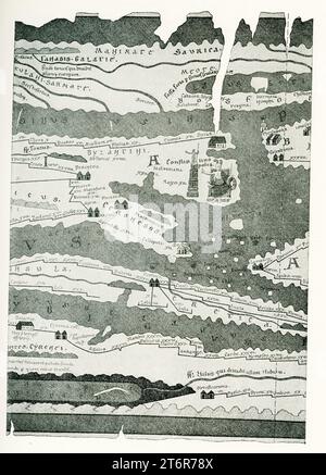 Il 1907 ca[ione recita: 'Sezione di Costantinopoli dal IV secolo dopo Cristo - dalla mappa di Peutinger dopo Konrad Miller.' La Tabula Peutingeriana, nota anche come Tavola di Peutinger o Tavola di Peutinger, è un itinerarium illustrato che mostra la disposizione del cursus publicus, la rete stradale dell'Impero Romano. La mappa è una copia pergamena datata intorno al 1200 di un originale tardo antico. Konrad Millar (1844-1933) è stato uno storico dell'arte, archeologo e storico della cartografia tedesco. Foto Stock