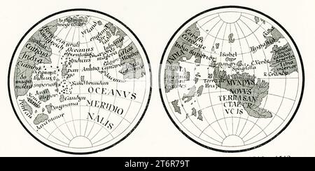 Qui a sinistra è mostrata una mappa del mondo di Martin Behaim, realizzata nel 1492, disegnata poco prima che Colombo effettuasse il suo storico sbarco in quella che divenne nota come America. La mappa a destra è il Lenor Globe, realizzato tra il 1510 e il 1512, poco dopo lo sbarco di Colombo in America. Foto Stock