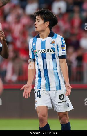 11 novembre 2023, Almeria, Spagna: SIVIGLIA, SPAGNA - 11 NOVEMBRE: Takefusa Kubo della Real Sociedad reagisce a un'opportunità persa durante la partita la Liga EA Sports tra UD Almeria e Real Sociedad al Power Horse Stadium l'11 novembre 2023 ad Almeria, Spagna. (Immagine di credito: © Jose Luis Contreras/DAX tramite ZUMA Press Wire) SOLO USO EDITORIALE! Non per USO commerciale! Foto Stock